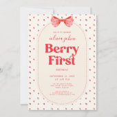 Berry First Birthday Pink Bow Strawberry 招待状 (正面)