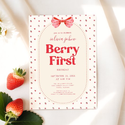 Berry First Birthday Pink Bow Strawberry 招待状