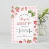 Berry First Birthday Pink Gingham Photo Invitation 招待状 (スタンド正面)