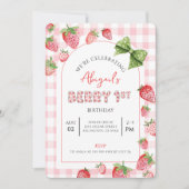 Berry First Birthday Pink Gingham Photo Invitation 招待状 (正面)
