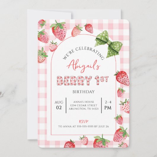 Berry First Birthday Pink Gingham Photo Invitation 招待状 (正面)