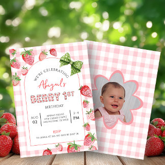Berry First Birthday Pink Gingham Photo Invitation 招待状