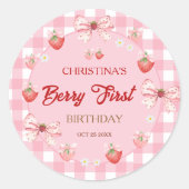 Berry first birthday pink gingham strawberry girl ラウンドシール (正面)