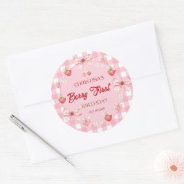 Berry first birthday pink gingham strawberry girl ラウンドシール