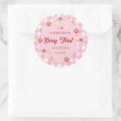 Berry first birthday pink gingham strawberry girl ラウンドシール (バッグ)