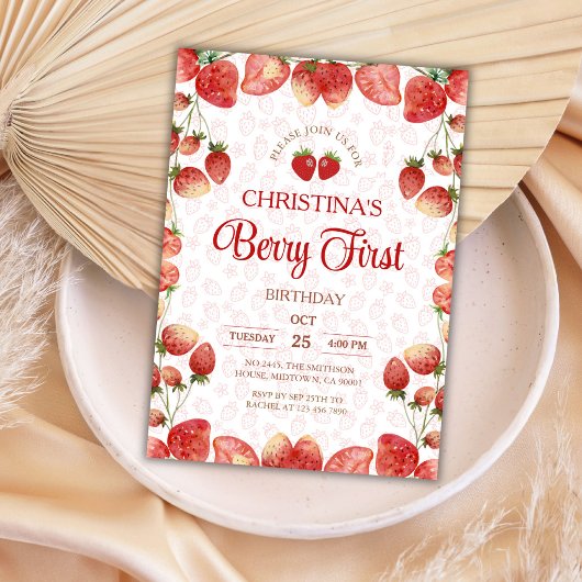 Berry first birthday pink strawberry cute girl 招待状