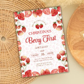 Berry first birthday pink strawberry cute girl 招待状