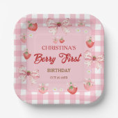 Berry first birthday pink strawberry gingham ペーパープレート (正面)