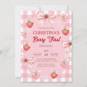 Berry first birthday pink strawberry gingham girl 招待状 (正面)