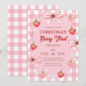 Berry first birthday pink strawberry gingham girl 招待状 (正面/裏面)