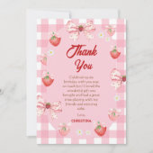 Berry first birthday pink strawberry gingham sweet サンキューカード (正面)