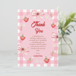 Berry first birthday pink strawberry gingham sweet サンキューカード