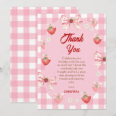 Berry first birthday pink strawberry gingham sweet サンキューカード (正面/裏面)