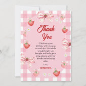 Berry first birthday pink strawberry gingham sweet サンキューカード (正面)