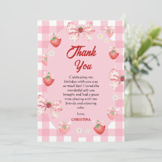 Berry first birthday pink strawberry gingham sweet サンキューカード