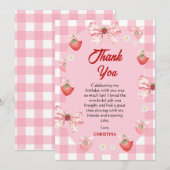 Berry first birthday pink strawberry gingham sweet サンキューカード (正面/裏面)