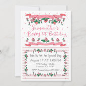 Berry First Birthday Pink White Strawberry  招待状 (正面)