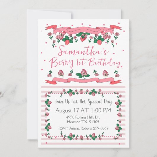 Berry First Birthday Pink White Strawberry 招待状 (正面)