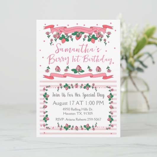 Berry First Birthday Pink White Strawberry  招待状 (スタンド正面)