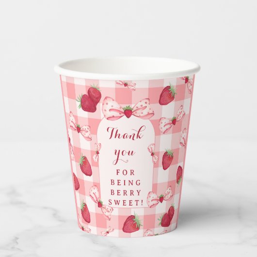 Berry First Birthday Red Gingham Strawberry Bows 紙コップ (正面)