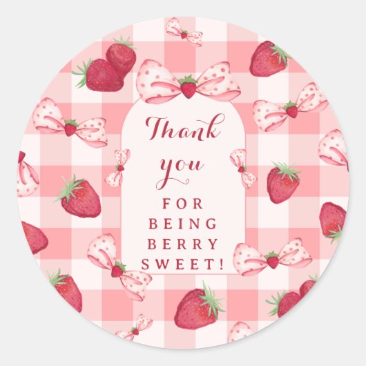 Berry First Birthday Stickers Red Gingham Bows ラウンドシール (正面)