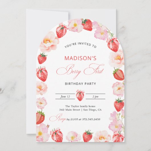 Berry First Birthday Strawberry Bow 1st Birthday 招待状 (正面)