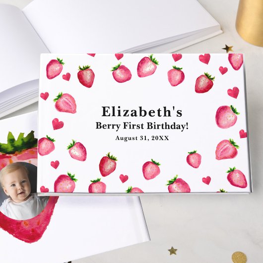 Berry First Birthday Strawberry Custom Photo ゲストブック