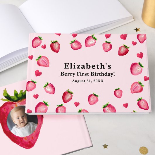 Berry First Birthday Strawberry Custom Photo ゲストブック