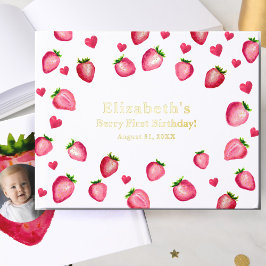 Berry First Birthday Strawberry Custom Photo Gold ゲストブック