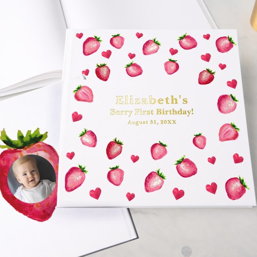 Berry First Birthday Strawberry Custom Photo Gold ゲストブック