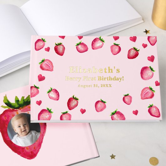 Berry First Birthday Strawberry Custom Photo Gold ゲストブック