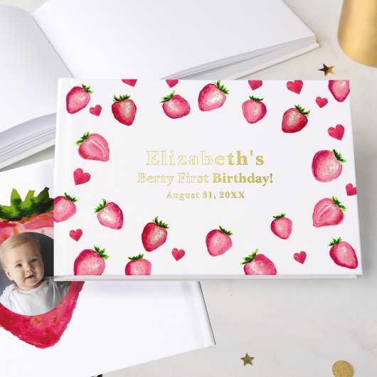 Berry First Birthday Strawberry Custom Photo Gold ゲストブック