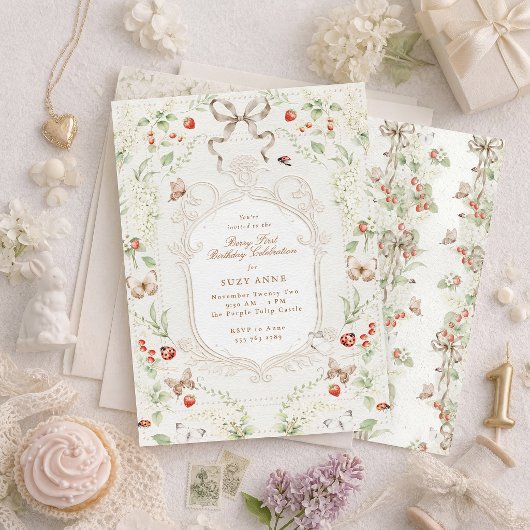 Berry First Birthday Vintage Floral 招待状