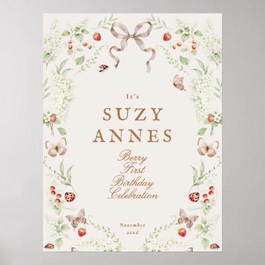 Berry First Birthday Welcome Sign ポスター (正面)