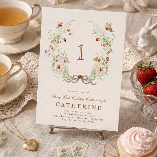 Berry First Birthday Wreath Garden Party 招待状