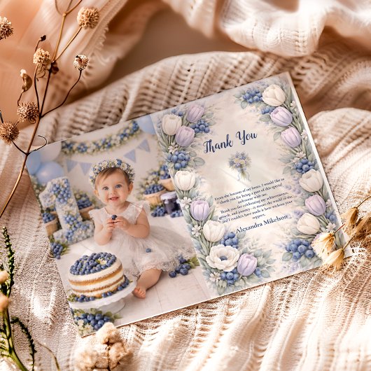 Berry First Blue Floral Garden 1st Birthday サンキューカード