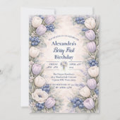 Berry First Blue Floral Garden 1st Birthday 招待状 (正面)