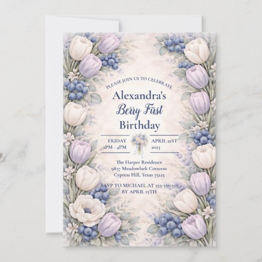 Berry First Blue Floral Garden 1st Birthday 招待状 (正面)