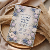 Berry First Blue Floral Garden 1st Birthday 招待状