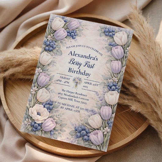 Berry First Blue Floral Garden 1st Birthday 招待状