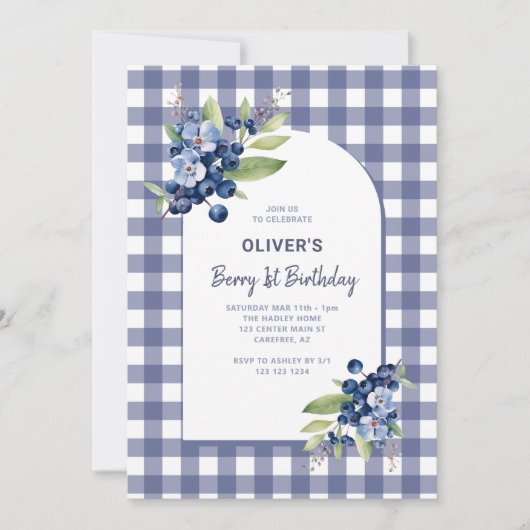 Berry First Boys Photo Blue 1st Birthday 招待状 (正面)