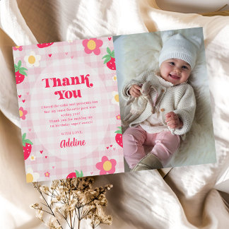 Berry First Cute 1st Birthday Strawberry Photo サンキューカード