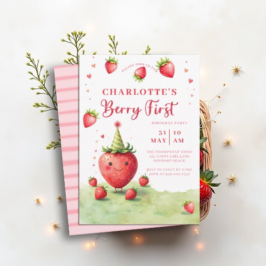 Berry First Cute Strawberry Patch 1st Birthday 招待状