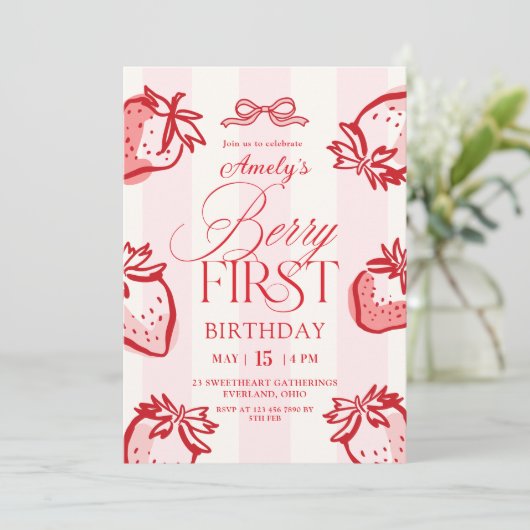 Berry First Hand Drawn Bow Strawberry Birthday 招待状 (スタンド正面)