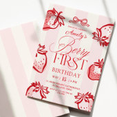 Berry First Hand Drawn Bow Strawberry Birthday 招待状