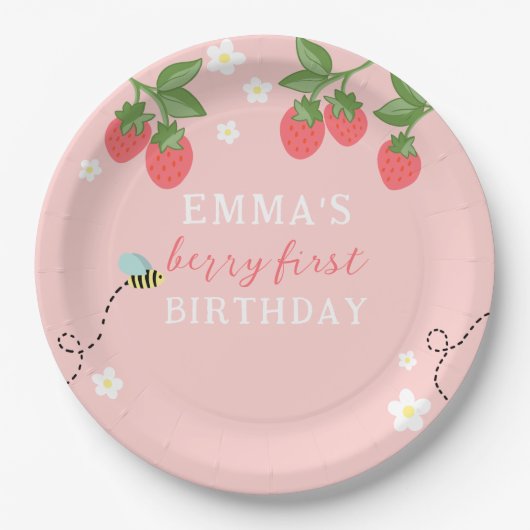 Berry First Pink Strawberry and Flowers ペーパープレート (正面)