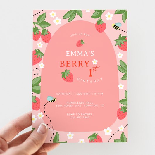 Berry First Pink Strawberry Bees Birthday Party 招待状