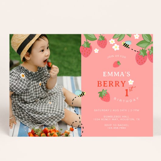 Berry First Pink Strawberry Bees Birthday Party 招待状