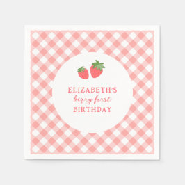 Berry First Pink Strawberry Gingham Birthday スタンダードカクテルナプキン