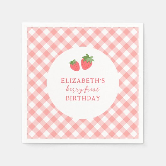 Berry First Pink Strawberry Gingham Birthday スタンダードカクテルナプキン (正面)